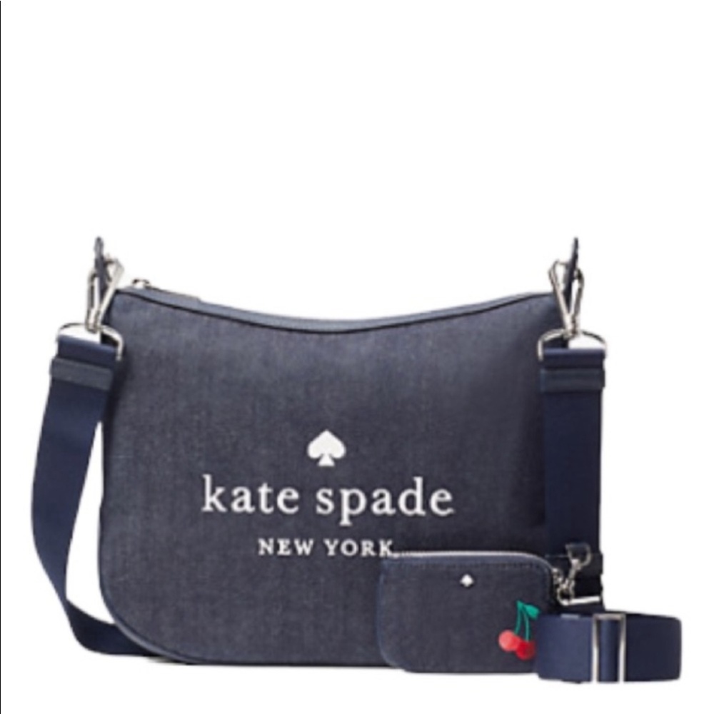 Kate Spade Denim Cherry Embroidered Rosie Crossbody Shoulder Bag & Coin